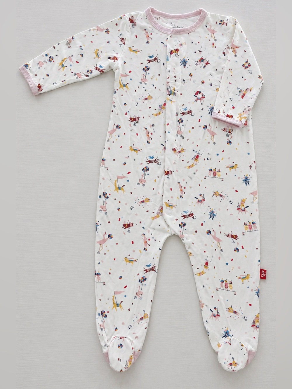 Magnetic Me White Footed One-Piece with Pastel Circus Print and Pink Trim